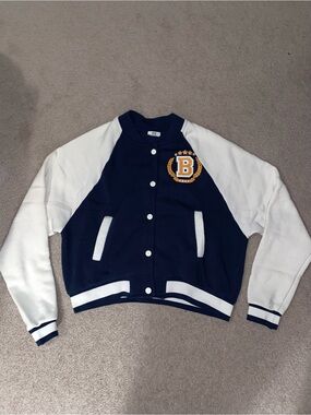 Ardene Navy & White Varsity Jacket with Orange Crest Detail